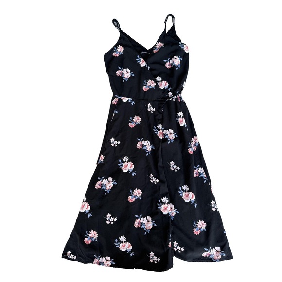 Abercrombie & Fitch Dress Womens Small Black Floral Wrap Midi Sleeveless V Neck - Picture 2 of 13